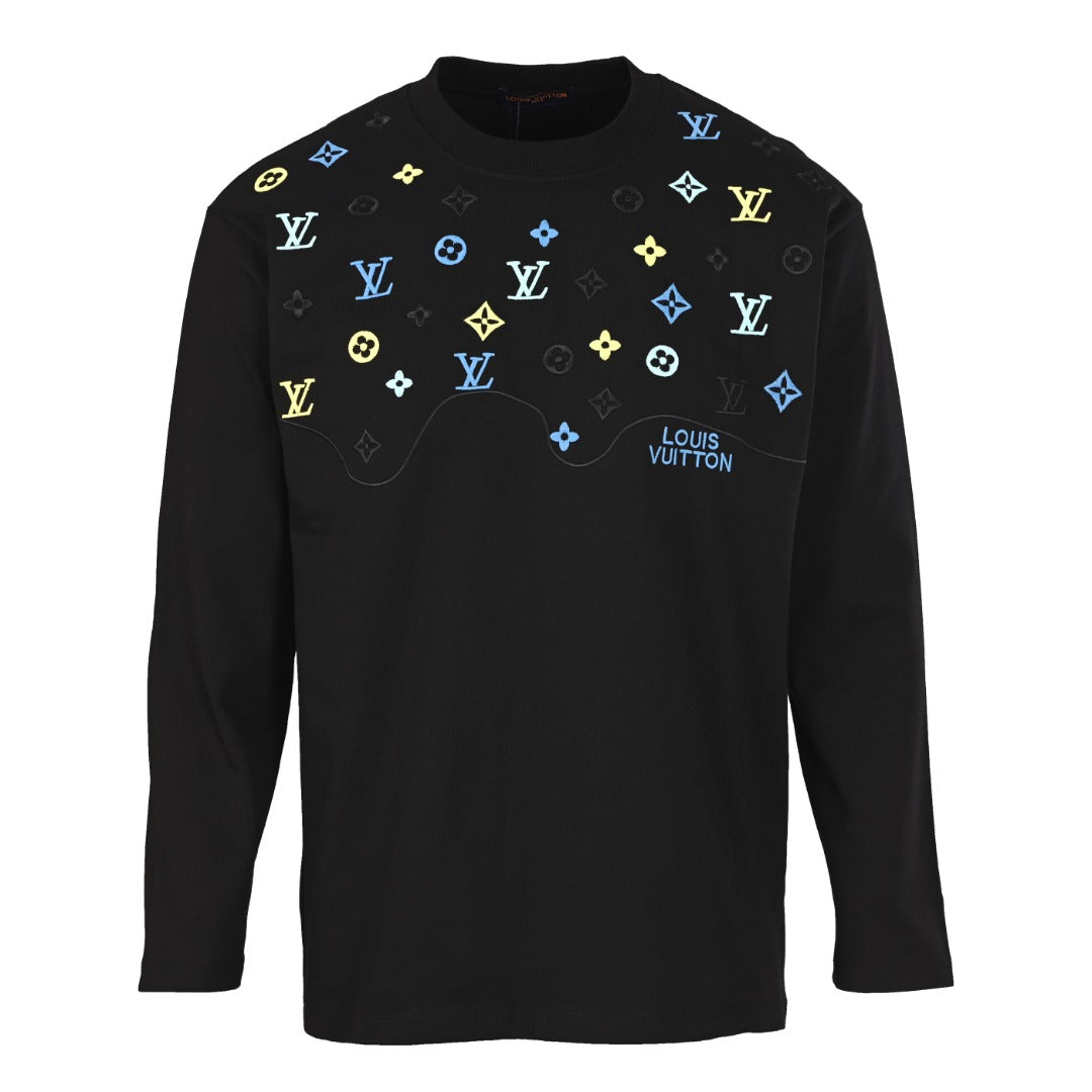 Louis Vuitton Black Multicolor Monogram Embroidered Long-Sleeve T-Shirt, Unisex Cotton Crewneck with Pastel Chest Motifs and Wave Detailing