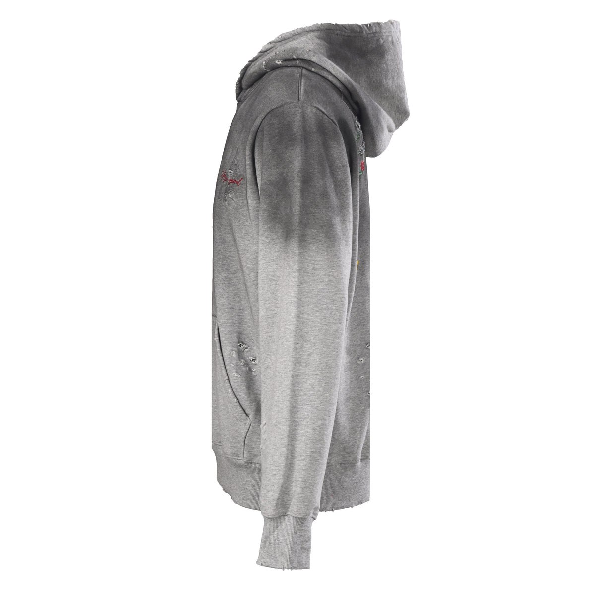 Louis Vuitton Washed Grey Floral Embroidered Hoodie, Heavyweight Cotton Pullover with Distressed Holes, Script Back Lettering and Kangaroo Pocket