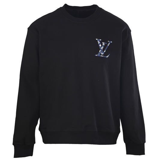 Louis Vuitton Black Monogram Puff-Print Crewneck Sweatshirt, Unisex Oversized Cotton Pullover with Chest Logo and Statement Flower Back Graphic