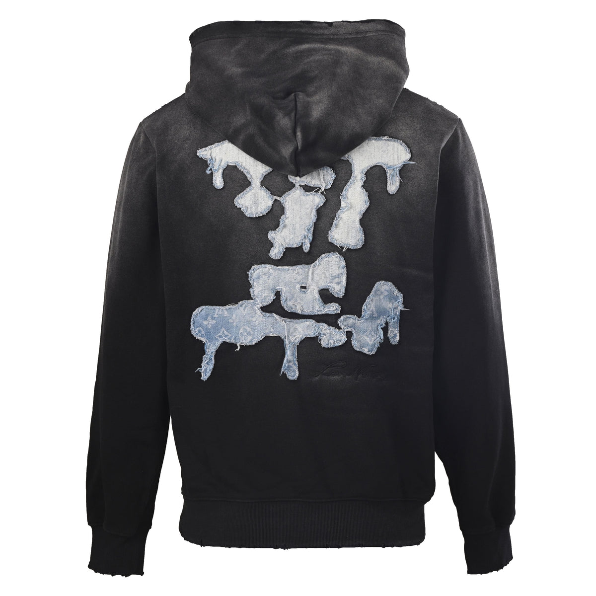 Louis Vuitton Washed Black Cloud Logo Pullover Hoodie, Heavyweight Loopback Terry Sweatshirt with Frayed Denim Appliqué and Distressed Detailing