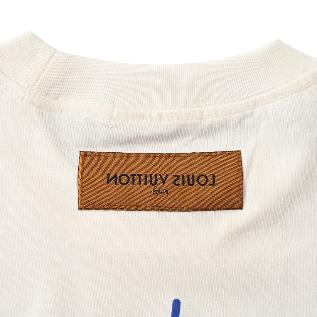 Louis Vuitton White Dreamin' Man Graphic Long-Sleeve Tee, Unisex Heavyweight Cotton Crewneck with Blue Graffiti Back Print and Chest Slogans