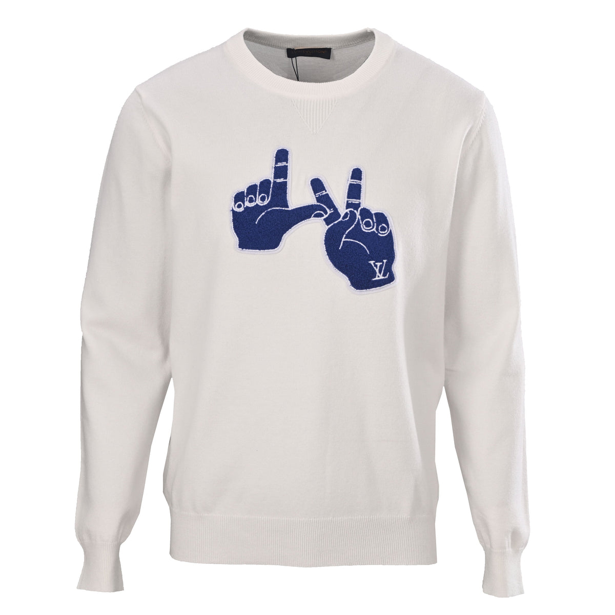 Louis Vuitton Hand Gesture Graphic Sweater - Blue Motif Knit Pullover for Contemporary Designer Streetwear