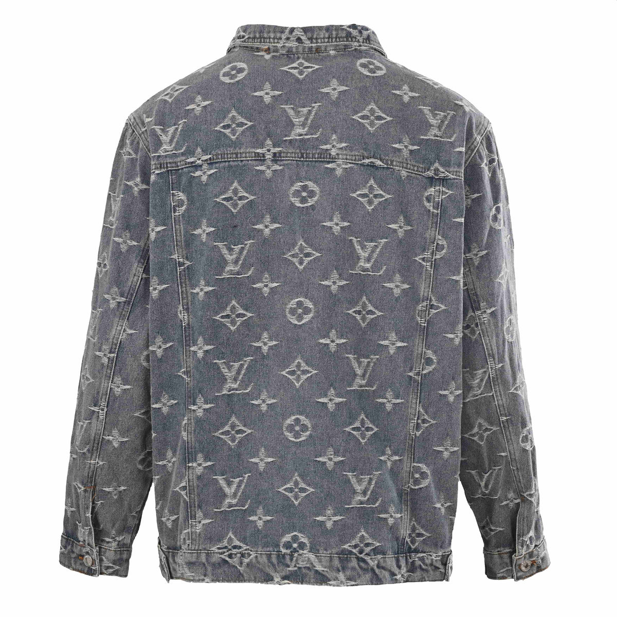 Louis Vuitton Washed Grey Monogram Jacquard Denim Jacket, Unisex Vintage-Look Button-Up Trucker with All-Over Logo Texture and Chest Flap Pockets