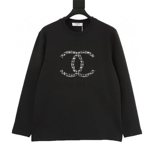 Chanel 25FW Long-Sleeve T-Shirt with Large Embroidered/Appliqué Double-C Logo in Brocade Style