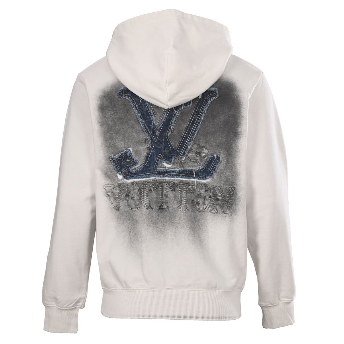Louis Vuitton Ivory Distressed Denim Appliqué Hoodie, Heavyweight Loopback Terry Pullover with Monogram Flower Chest Patch and Oversized Back Logo