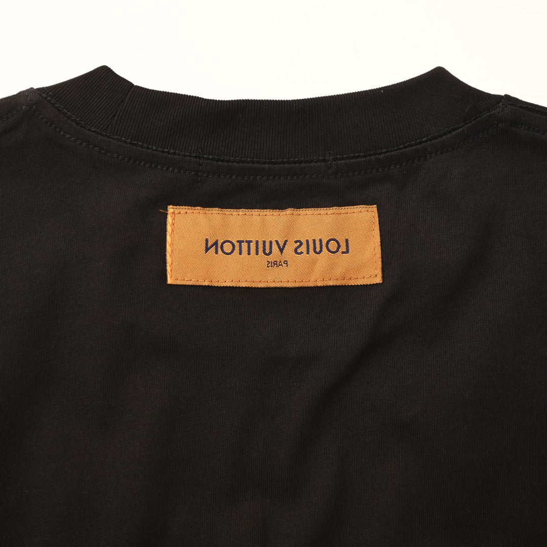 Louis Vuitton Black Multicolor Monogram Embroidered Long-Sleeve T-Shirt, Unisex Cotton Crewneck with Pastel Chest Motifs and Wave Detailing