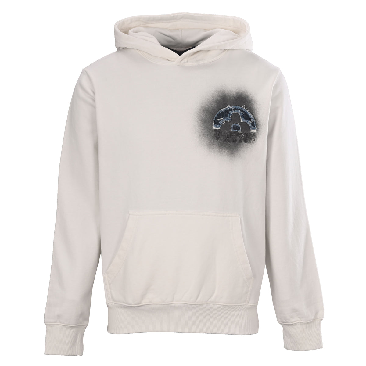Louis Vuitton Ivory Distressed Denim Appliqué Hoodie, Heavyweight Loopback Terry Pullover with Monogram Flower Chest Patch and Oversized Back Logo