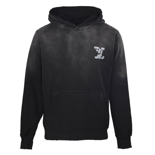 Louis Vuitton Washed Black Cloud Logo Pullover Hoodie, Heavyweight Loopback Terry Sweatshirt with Frayed Denim Appliqué and Distressed Detailing