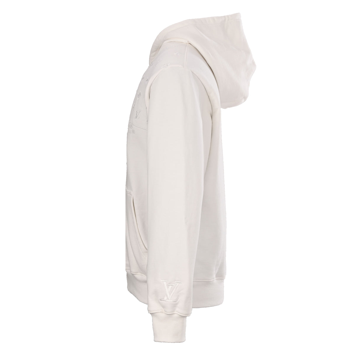 Louis Vuitton Ivory Tonal Monogram Pullover Hoodie, Embroidered Hooded Sweatshirt with Wave Chest Detail, Kangaroo Pocket and Ribbed Trim