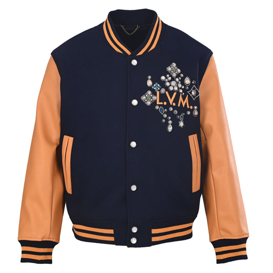 Louis Vuitton Embroidered Letter Varsity Jacket with Colorful Rhinestone Logo | Luxury Streetwear & Collegiate Style