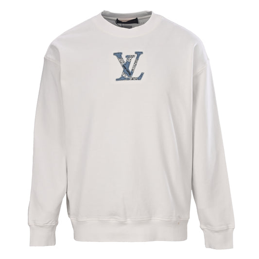 Louis Vuitton Denim Letter Appliqué Sweatshirt with Embroidery | Designer Crewneck Pullover for Everyday Streetwear
