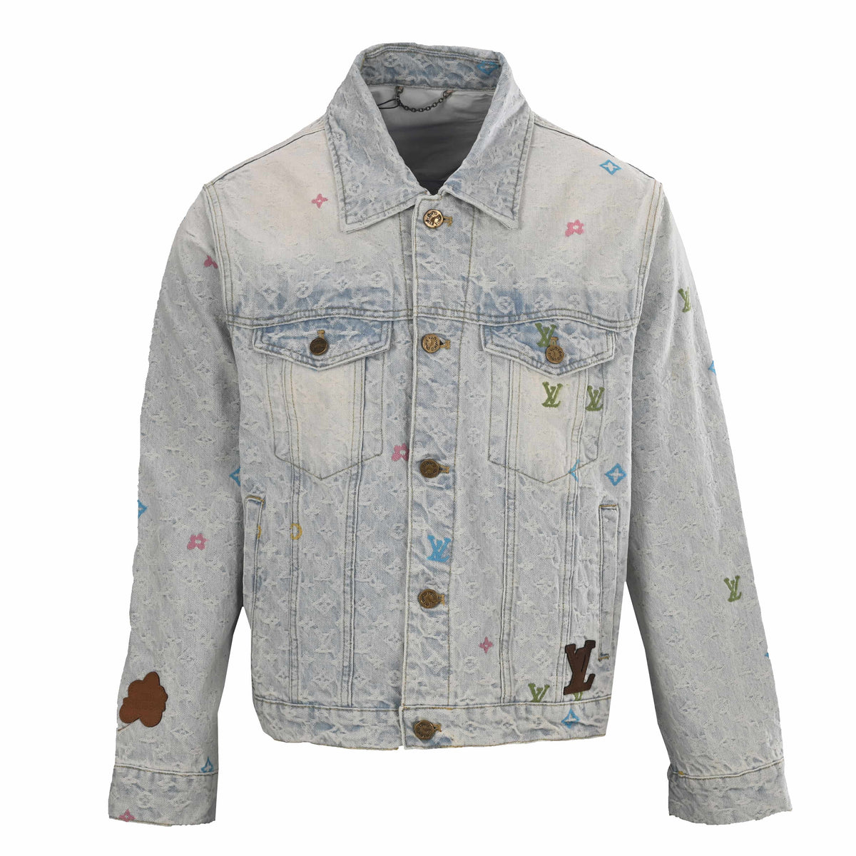 Louis Vuitton Candy-Color Monogram Embroidered Denim Jacket - Vintage Light Blue Cotton Jacquard Streetwear