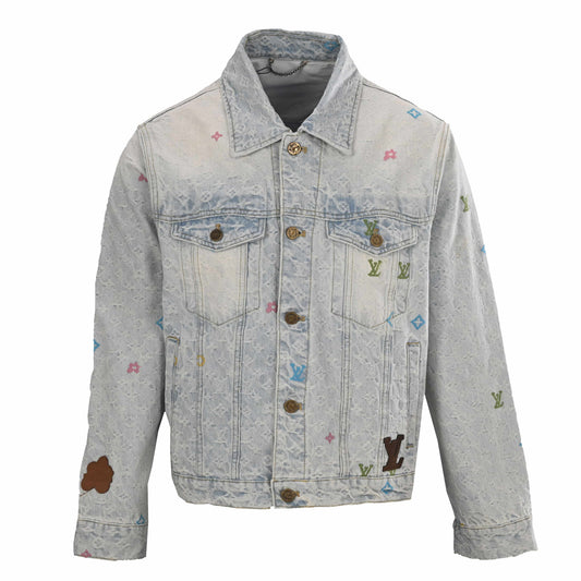 Louis Vuitton Candy-Color Monogram Embroidered Denim Jacket - Vintage Light Blue Cotton Jacquard Streetwear
