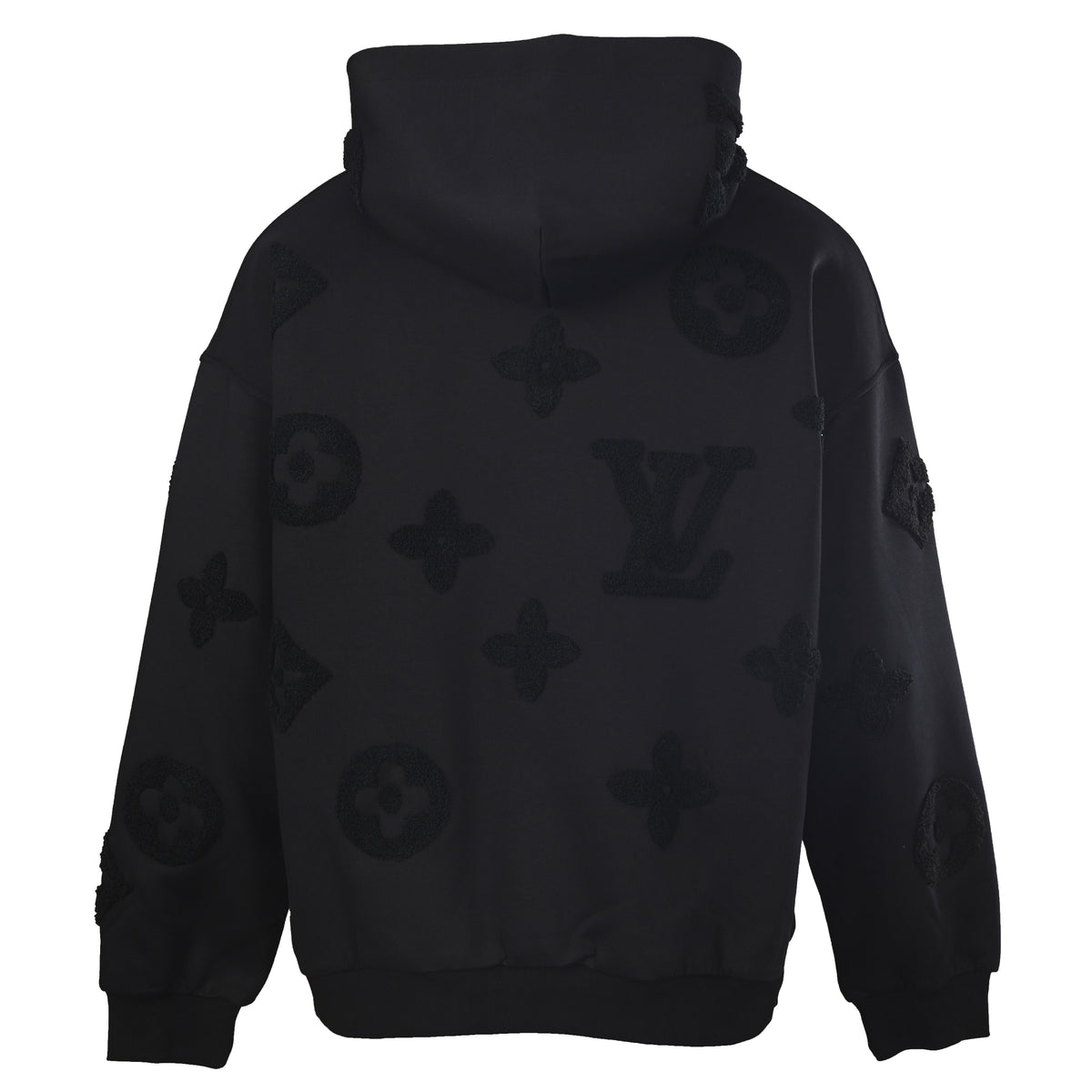 Louis Vuitton Black Tonal Monogram Embroidered Zip-Up Hoodie, Heavyweight Relaxed-Fit Hooded Jacket with Raised Terry Logo Streetwear Detailing