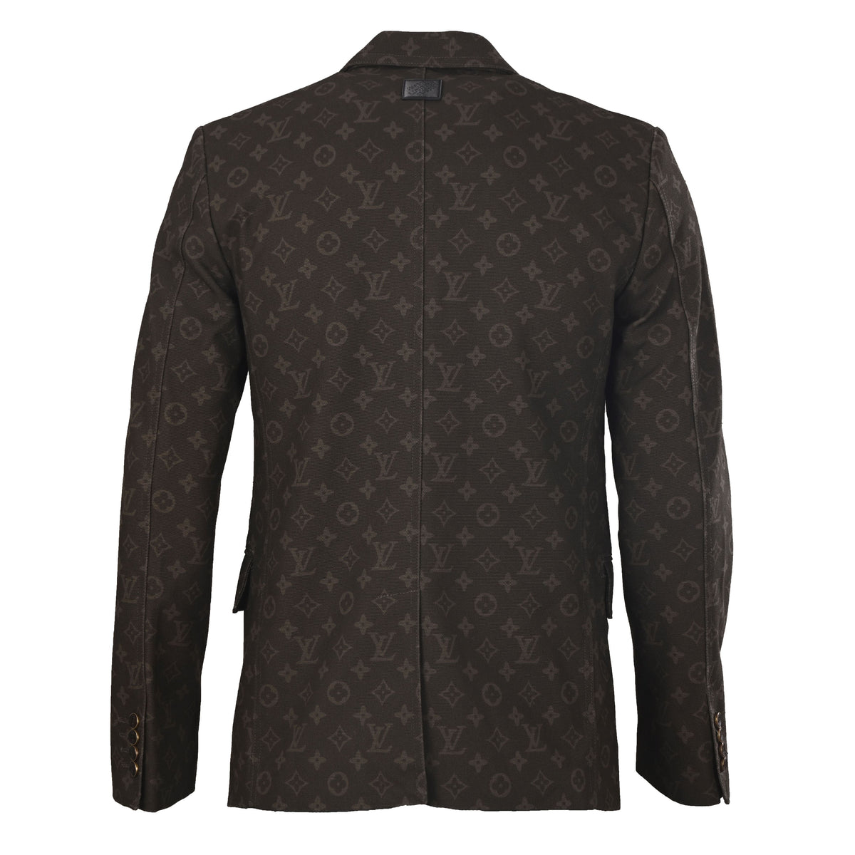 Louis Vuitton Dark Brown Monogram Denim Blazer, Wax-Finish Cotton Single-Breasted Suit Jacket with Notch Lapels and Tailored Fit