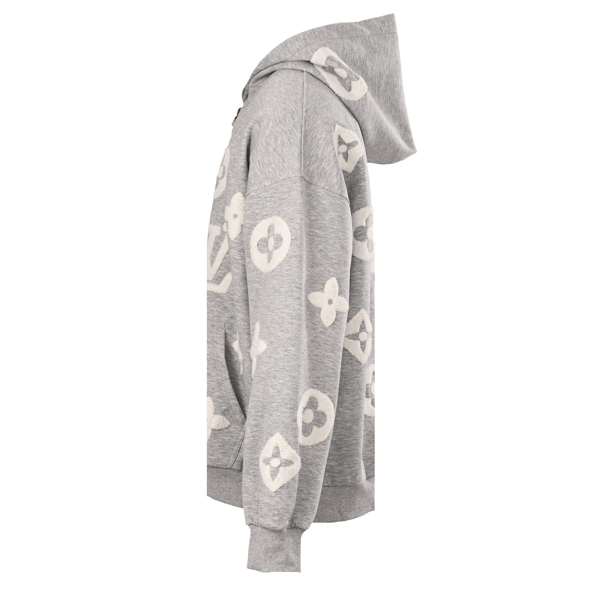 Louis Vuitton Heather Grey Zip-Up Hoodie with Cream Monogram Terry Embroidery, Heavyweight Relaxed-Fit Hooded Jacket for Designer Casual Style