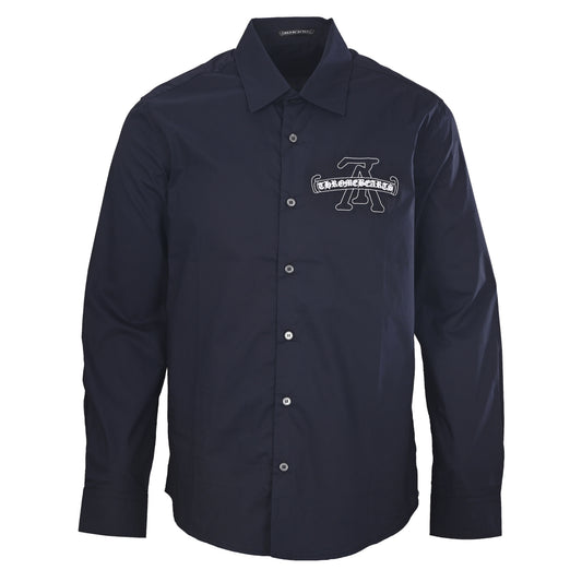 Louis Vuitton and Chrome Hearts Navy Embroidered Logo Shirt, Unisex Rayon Poplin Long-Sleeve Button-Up with Gothic Lettering and Point Collar