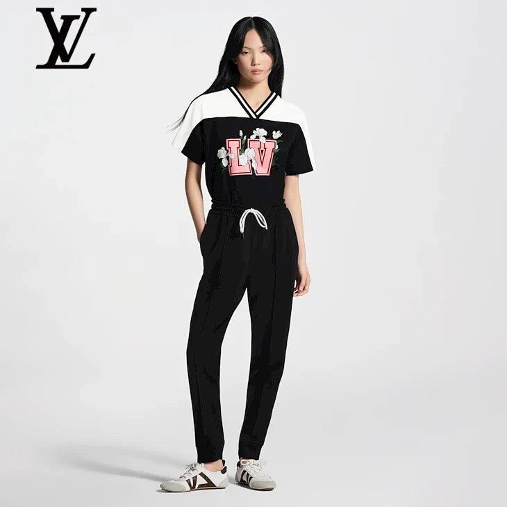 Louis Vuitton Black White Floral LV Colorblock Short-Sleeve Top