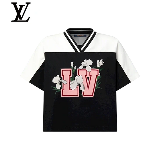 Louis Vuitton Black White Floral LV Colorblock Short-Sleeve Top