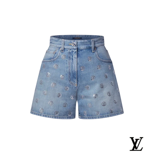 Louis Vuitton Light Blue Denim Shorts with Circular LV Embroidery
