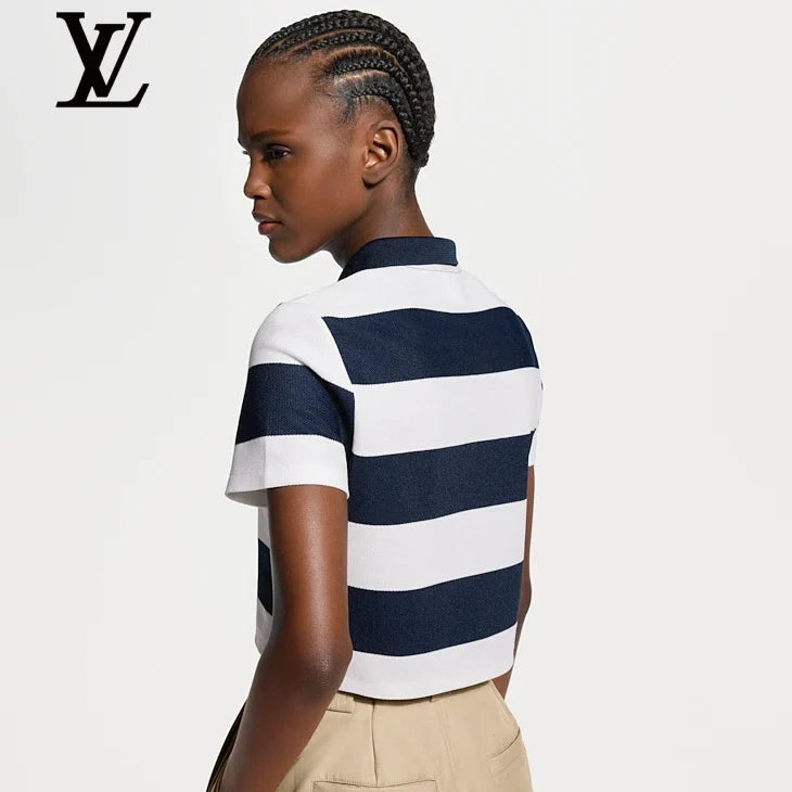Louis Vuitton Navy White Striped Anchor Embroidery Cropped Polo