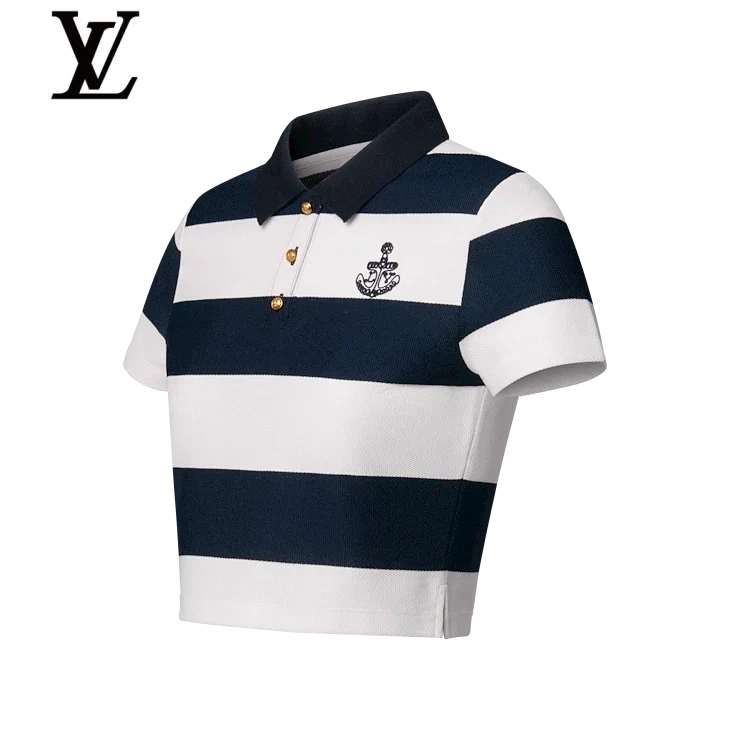Louis Vuitton Navy White Striped Anchor Embroidery Cropped Polo