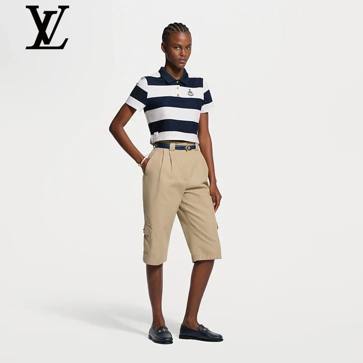 Louis Vuitton Navy White Striped Anchor Embroidery Cropped Polo