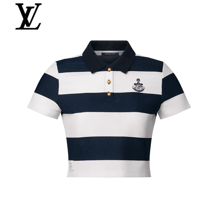 Louis Vuitton Navy White Striped Anchor Embroidery Cropped Polo