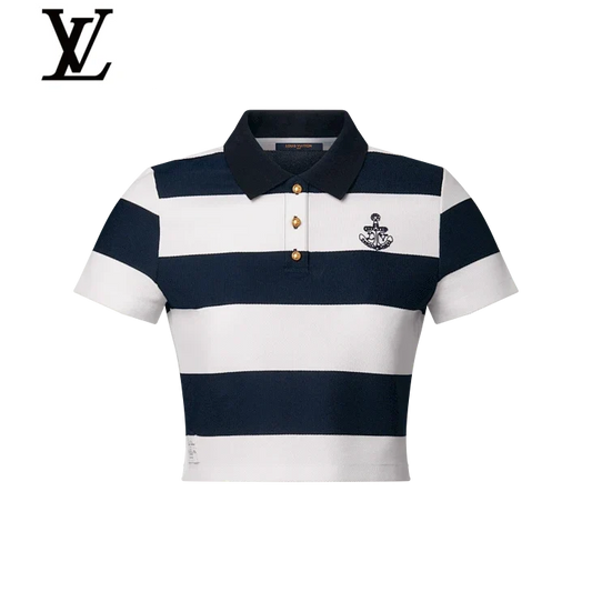 Louis Vuitton Navy White Striped Anchor Embroidery Cropped Polo