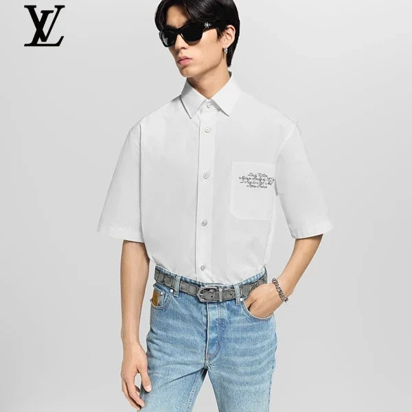 Louis Vuitton White Cotton Short Sleeve Shirt Pocket Embroidery