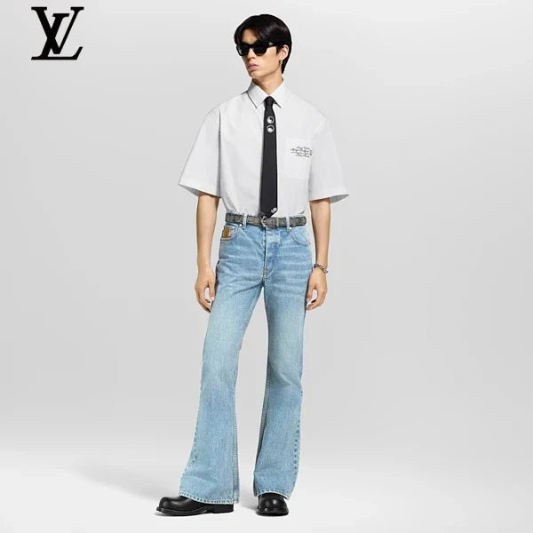 Louis Vuitton White Cotton Short Sleeve Shirt Pocket Embroidery