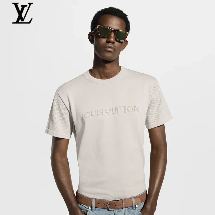 Louis Vuitton Light Beige Mesh Spliced Logo Knit Short Sleeve T-Shirt