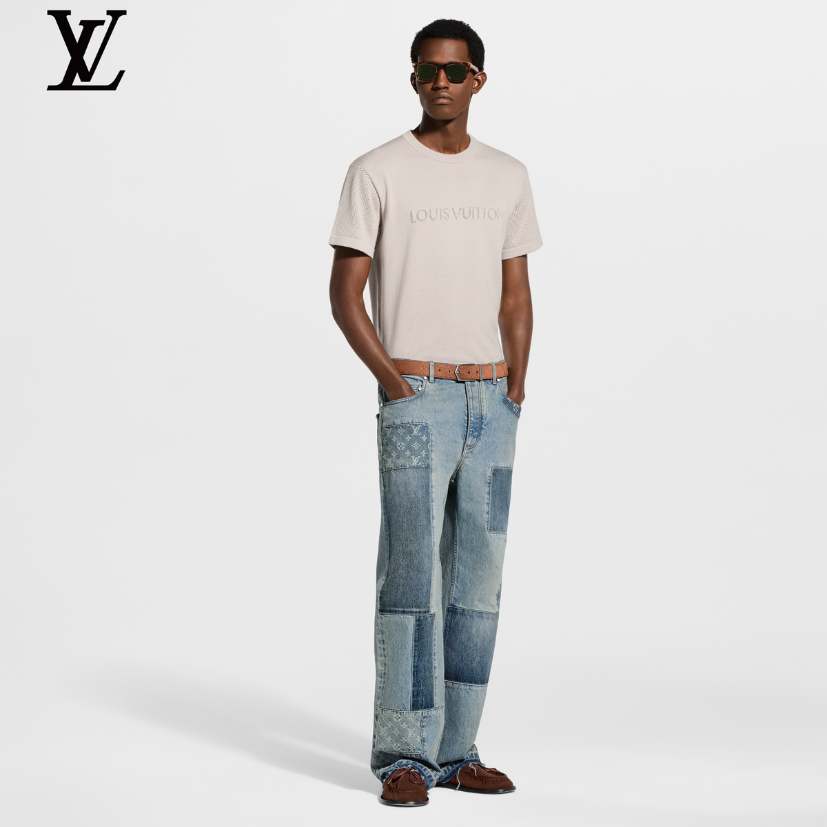 Louis Vuitton Light Beige Mesh Spliced Logo Knit Short Sleeve T-Shirt