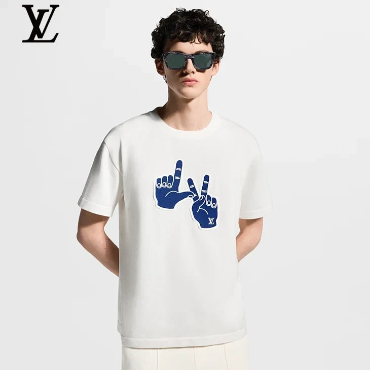 Louis Vuitton White Blue Hand Graphic Short Sleeve T-Shirt