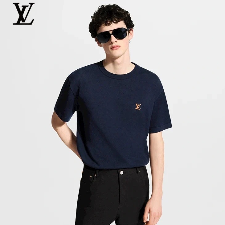 Louis Vuitton Navy Gold LV Embroidered Logo Crew Neck Short Sleeve T-Shirt
