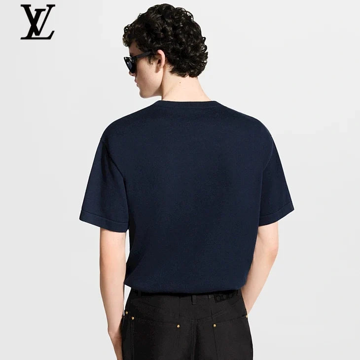 Louis Vuitton Navy Gold LV Embroidered Logo Crew Neck Short Sleeve T-Shirt