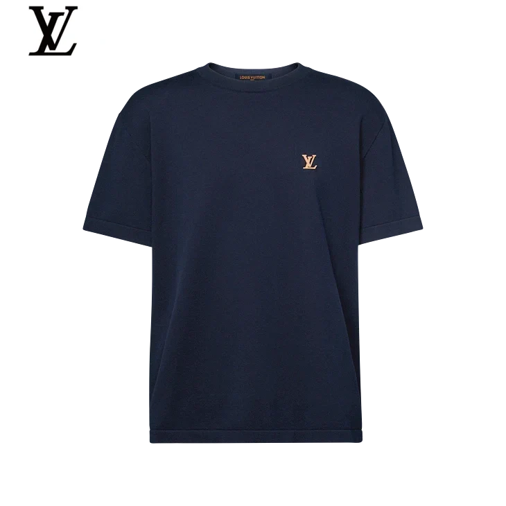 Louis Vuitton Navy Gold LV Embroidered Logo Crew Neck Short Sleeve T-Shirt