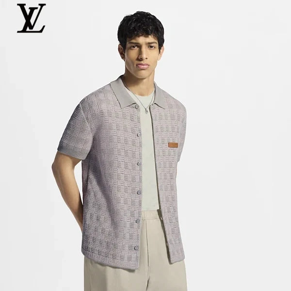 Louis Vuitton Light Grey Crochet Knit Short Sleeve Polo Leather Tag