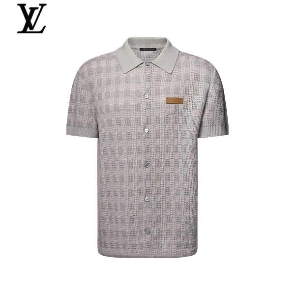 Louis Vuitton Light Grey Crochet Knit Short Sleeve Polo Leather Tag