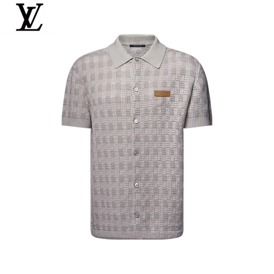 Louis Vuitton Light Grey Crochet Knit Short Sleeve Polo Leather Tag