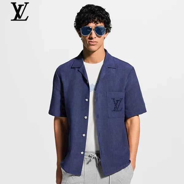 Louis Vuitton Navy Linen Short Sleeve Shirt Embossed LV Pocket Logo