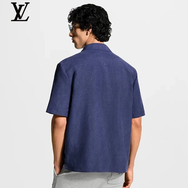 Louis Vuitton Navy Linen Short Sleeve Shirt Embossed LV Pocket Logo