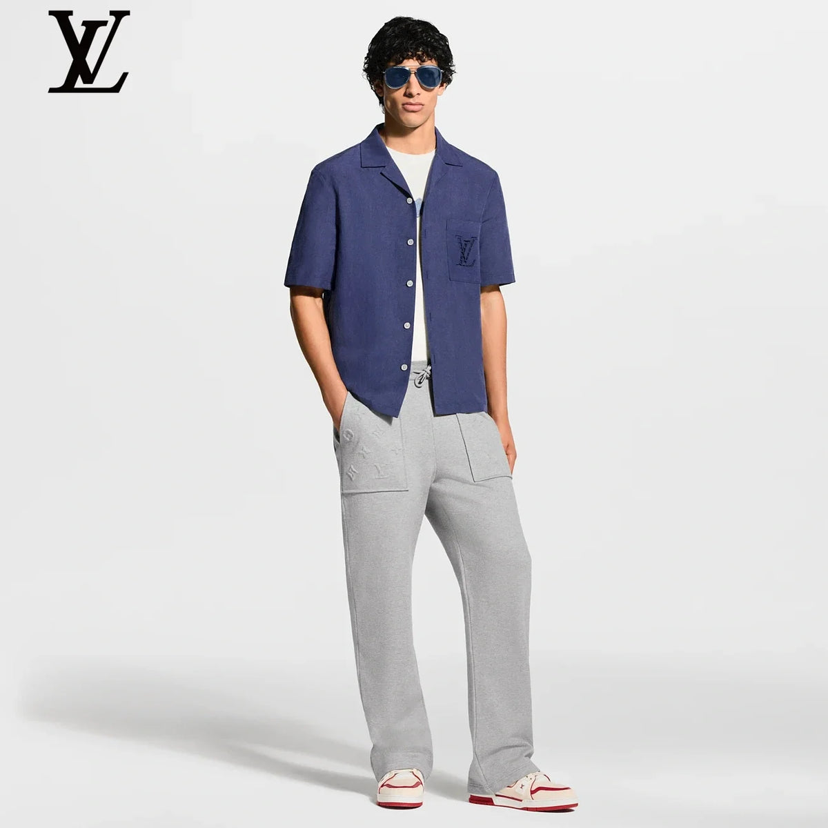 Louis Vuitton Navy Linen Short Sleeve Shirt Embossed LV Pocket Logo