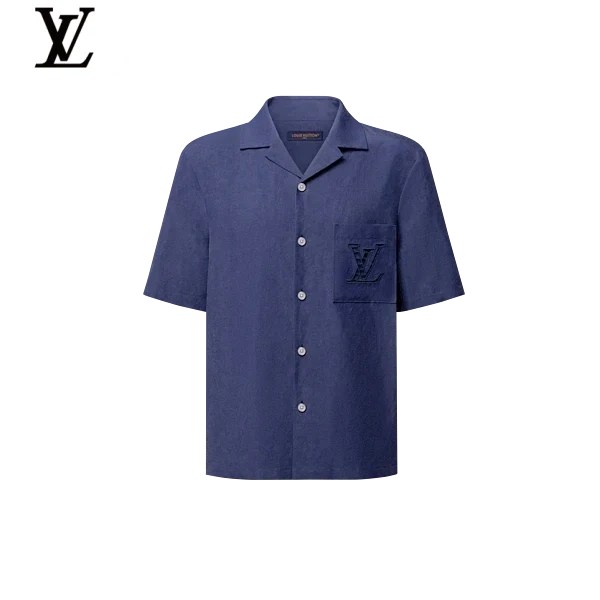 Louis Vuitton Navy Linen Short Sleeve Shirt Embossed LV Pocket Logo
