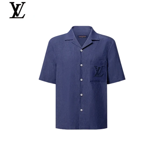 Louis Vuitton Navy Linen Short Sleeve Shirt Embossed LV Pocket Logo