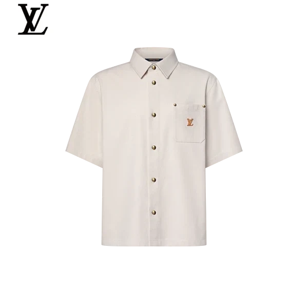 Louis Vuitton Beige Canvas Short Sleeve Shirt Gold LV Embroidery Pocket