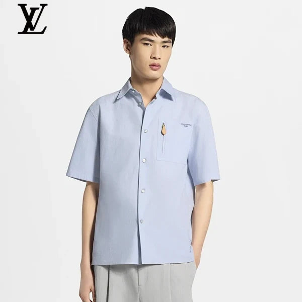 Louis Vuitton Light Blue Cotton Short Sleeve Shirt Leather Tag Pocket