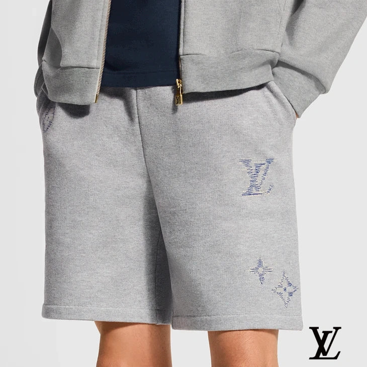 Louis Vuitton Grey Cotton Shorts with Blue Stitched Monogram