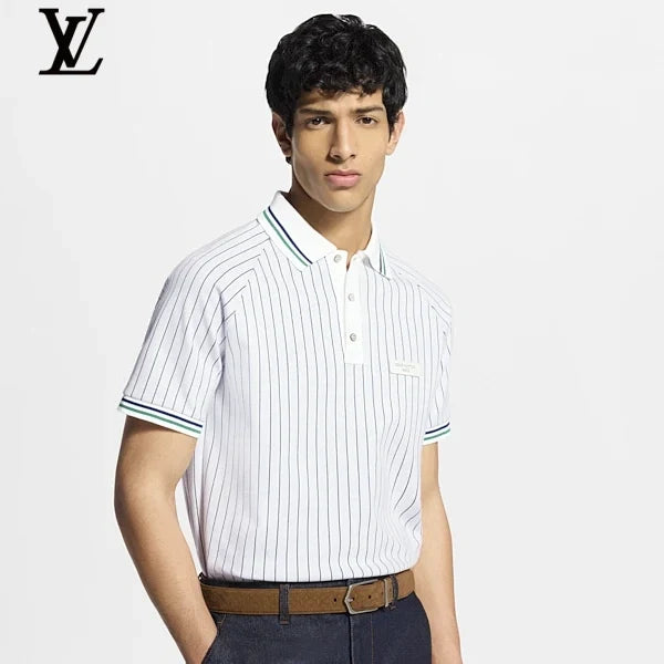Louis Vuitton White Thin Vertical Stripe Short Sleeve Polo Fabric Tag