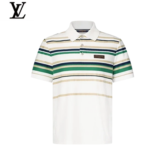 Louis Vuitton White Multicolor Striped Short Sleeve Polo Leather Tag